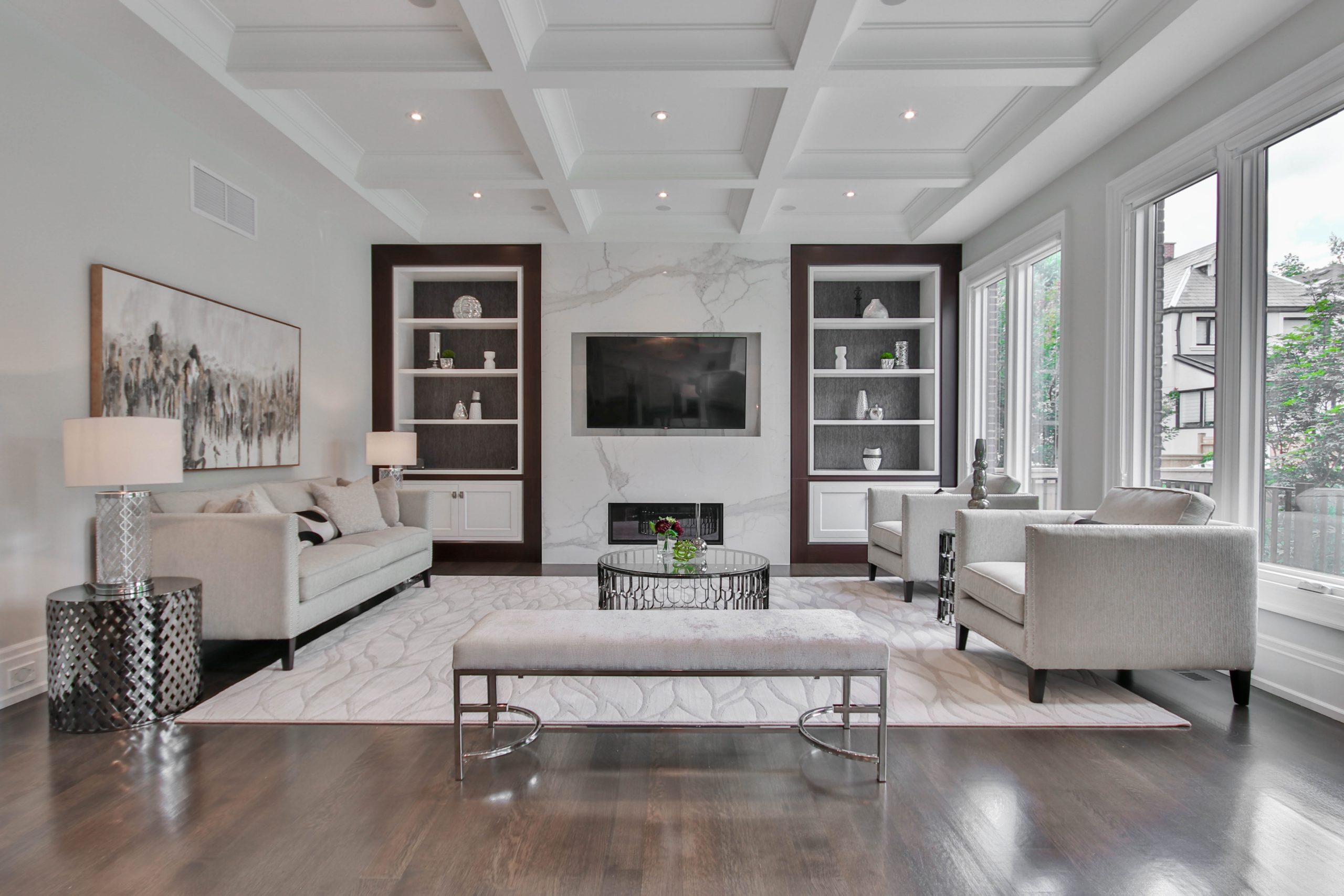 Custom millwork accents - coffered ceiling in white - Latham